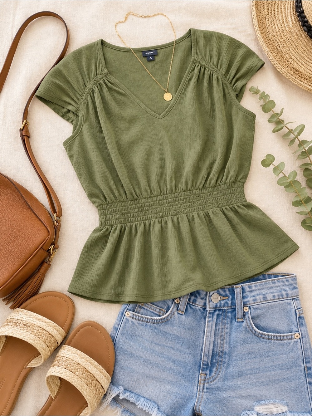 Old Navy Olive Green Smocked Waist Peplum Blouse Women’s Large